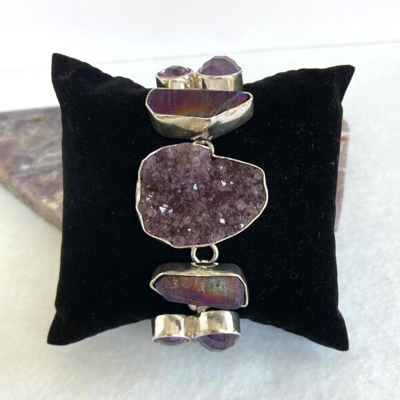 Chris Bales Sterling Silver 925 Heavy Amethyst Druzy Multi Gemstone Bracelet 61g - Picture 5 of 16